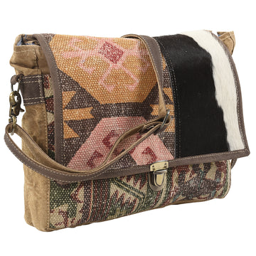 Real Cowhide Leather and Upcycled Canvas Crossbody Bag - LB126