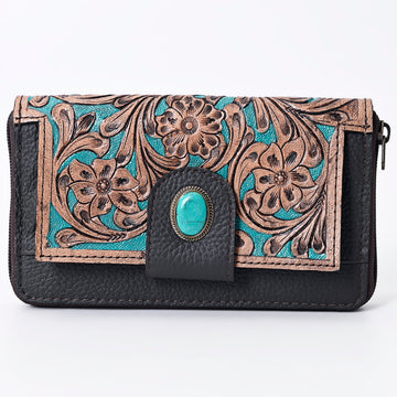 Hand Tooled Saddle Leather and Upcycled Canvas Wallet - LBG103