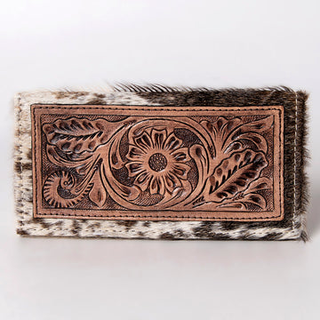 Hand Tooled Saddle Leather With Cowhide Leather and Upcycled Canvas Wallet - LBG139