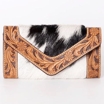 Hand Tooled Saddle Leather With Cowhide Leather and Upcycled Canvas Wallet - LBG142