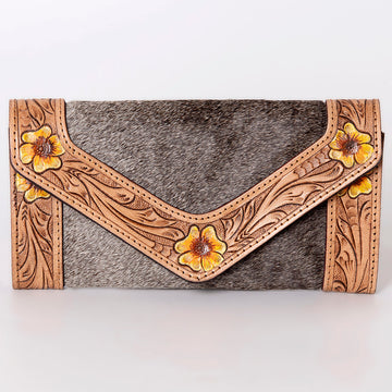 Hand Tooled Saddle Leather With Cowhide Leather and Upcycled Canvas Wallet - LBG143