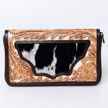 Hand Tooled Saddle Leather With Cowhide Leather and Upcycled Canvas Wallet - LBG144
