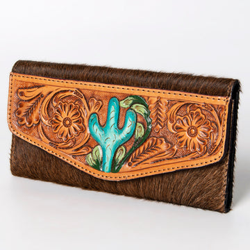 Hand Tooled Saddle Leather With Cowhide Leather and Upcycled Canvas Wallet - LBG145