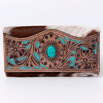 Hand Tooled Saddle Leather With Cowhide Leather and Upcycled Canvas Wallet - LBG146