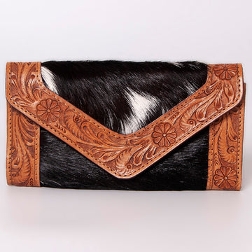 Hand Tooled Saddle Leather With Cowhide Leather and Upcycled Canvas Wallet - LBG149