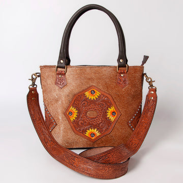 Hand Tooled Saddle Leather With Cowhide Leather Tote Bag - LBK124