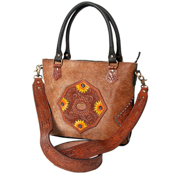 Hand Tooled Saddle Leather With Cowhide Leather Tote Bag - LBK124