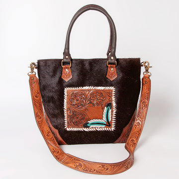 Hand Tooled Saddle Leather With Cowhide Leather Tote Bag - LBK127