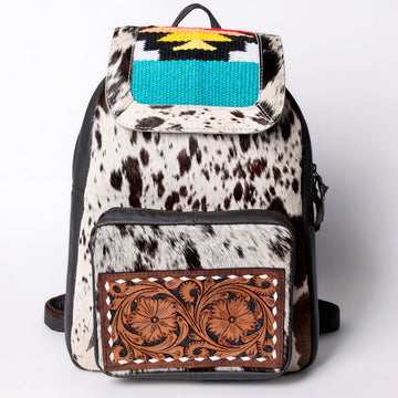 Hand Tooled Saddle Leather and Upcycled Canvas Backpack - LBA123
