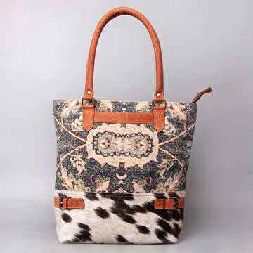 Real Cowhide Leather and Upcycled Canvas Tote Bag - LB462