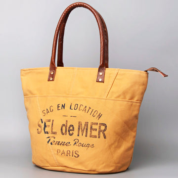 Leather and Upcycled Canvas Tote Bag - LB467