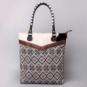 Real Cowhide Leather and Upcycled Canvas Tote Bag - LB475