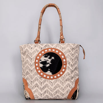 Real Cowhide Leather and Upcycled Canvas Tote Bag - LB487