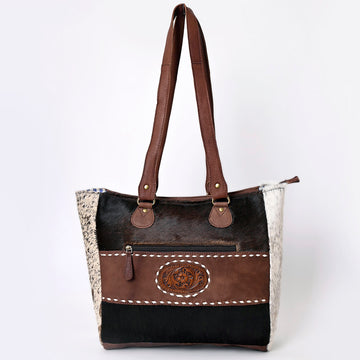Hand Tooled Saddle Leather With Fabric Tote Bag - LBK132