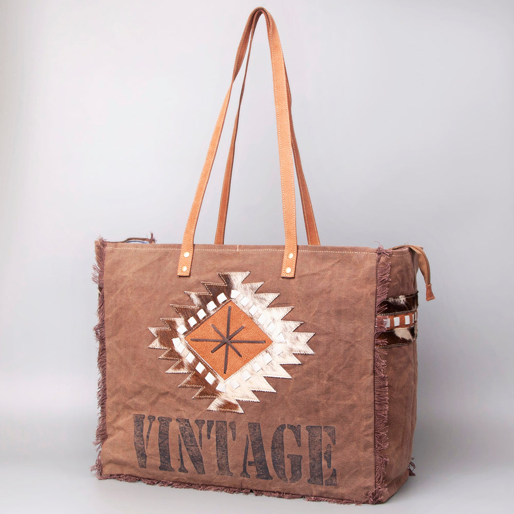 Real Cowhide Leather and Upcycled Canvas Weekender Bag - LB514