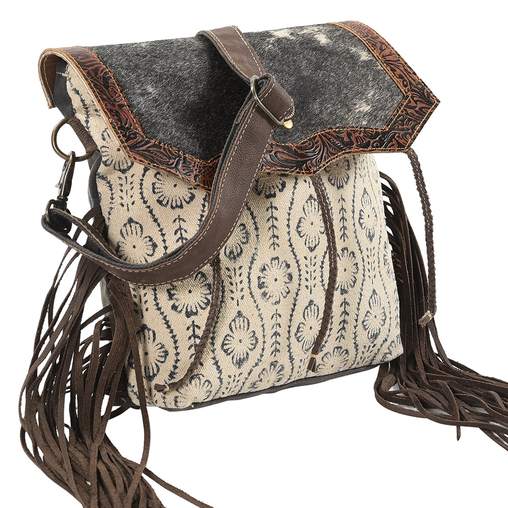 Real Cowhide Leather and Upcycled Canvas Crossbody Bag - LB118