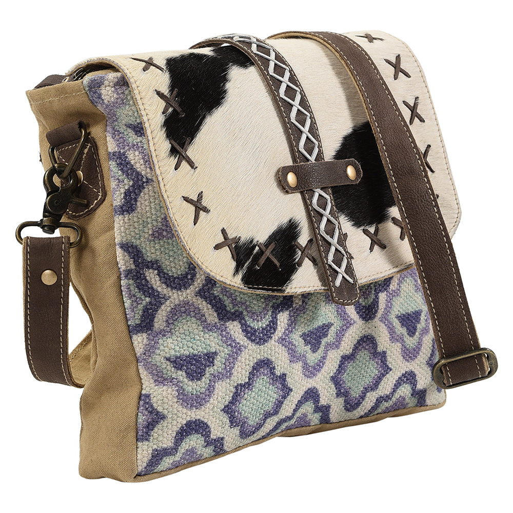 Real Cowhide Leather and Upcycled Canvas Crossbody Bag - LB121
