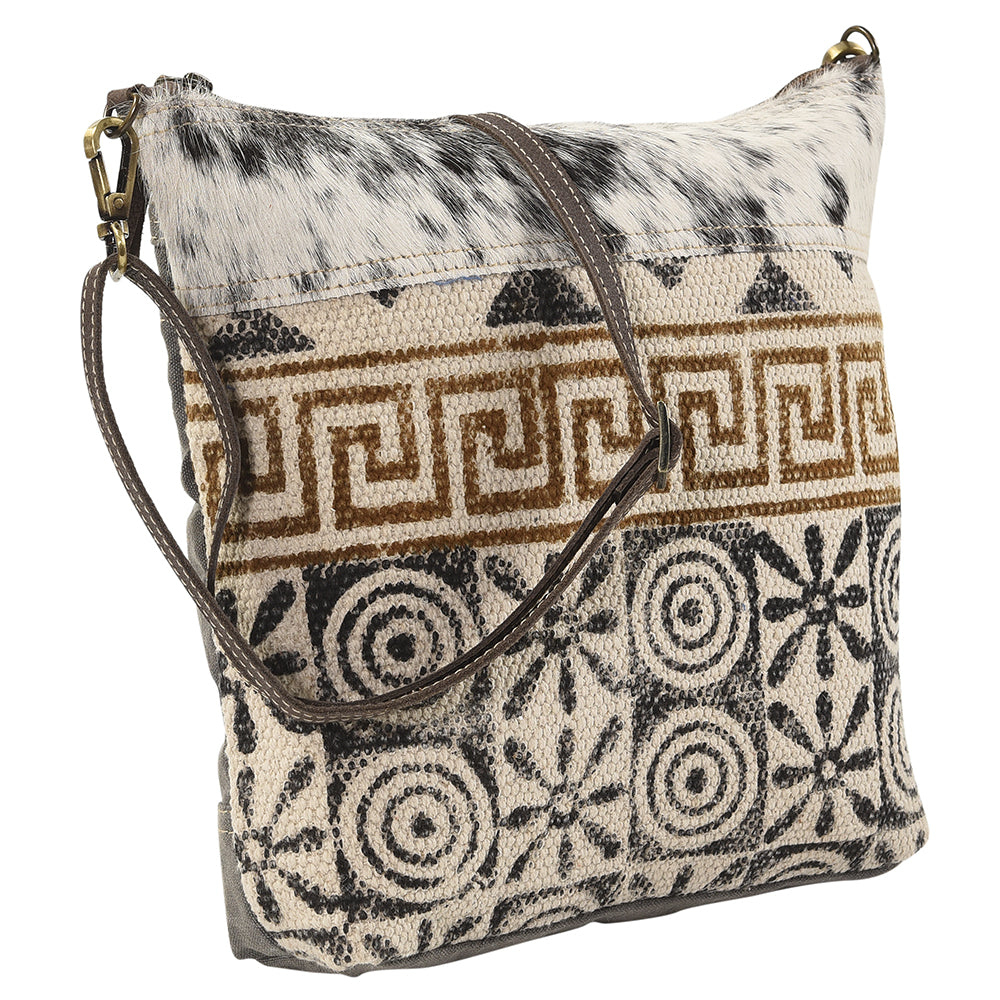Real Cowhide Leather and Upcycled Canvas Crossbody Bag - LB135