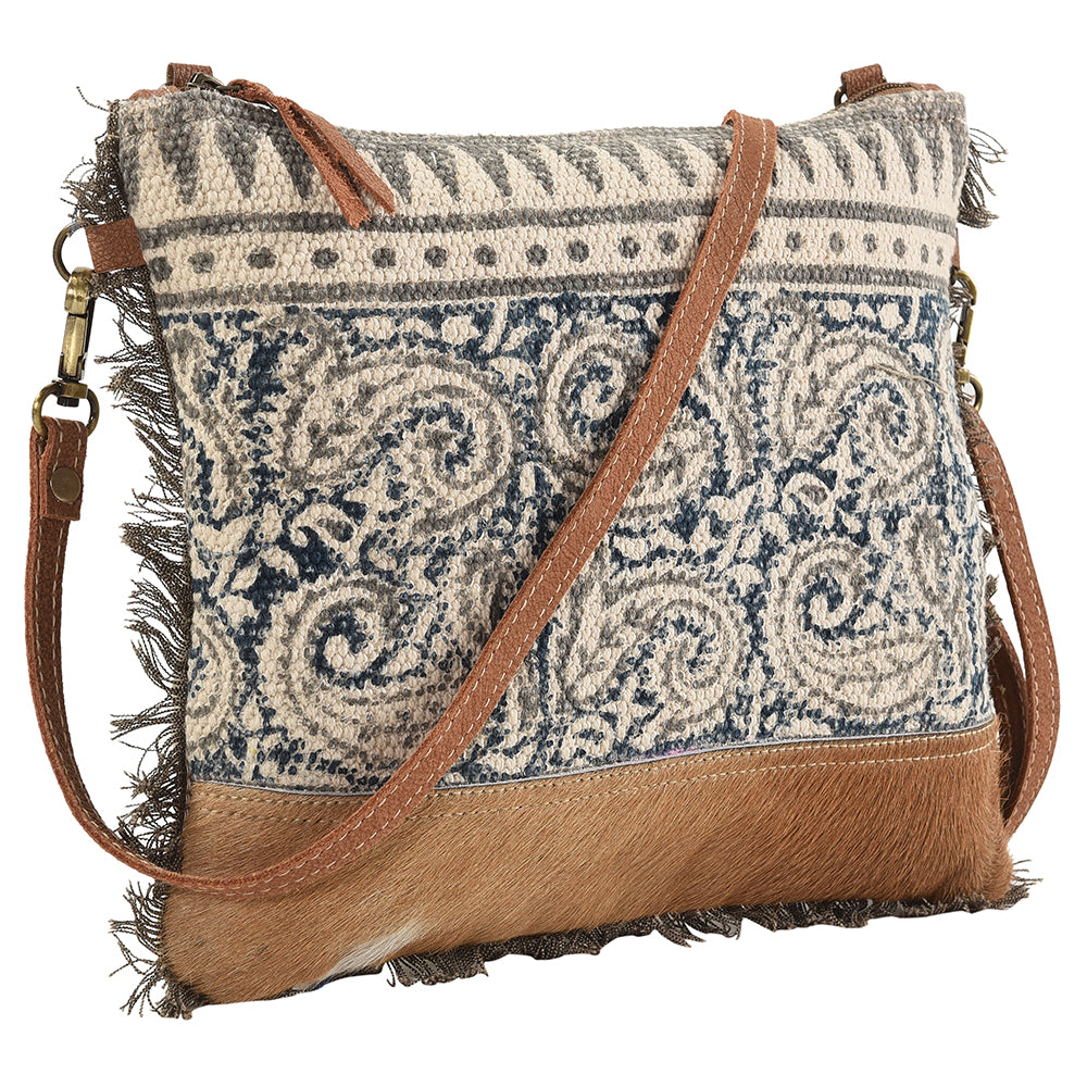Real Cowhide Leather and Upcycled Canvas Crossbody Bag - LB159