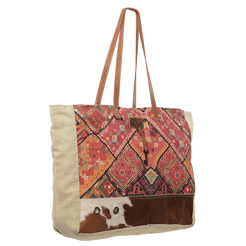Real Cowhide Leather and Upcycled Canvas Large Tote Bag - LB168