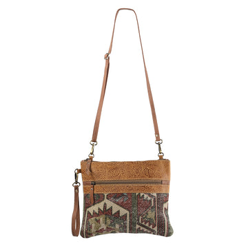 Embossed Floral Print Leather and Upcycled Canvas Crossbody Bag - LB202
