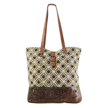 Embossed Floral Print Leather and Upcycled Canvas Tote Bag - LB241