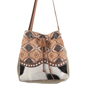 Real Cowhide Leather and Upcycled Canvas Bucket Bag - LB270