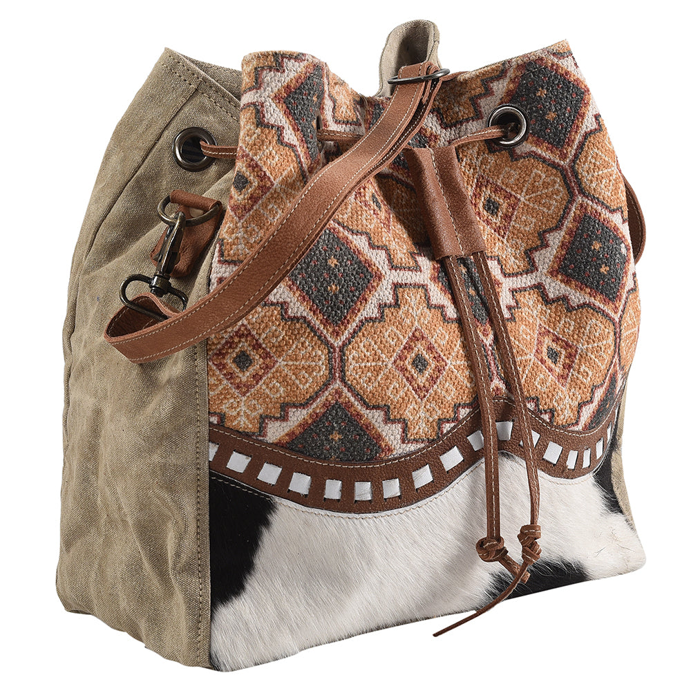 Real Cowhide Leather and Upcycled Canvas Bucket Bag - LB270