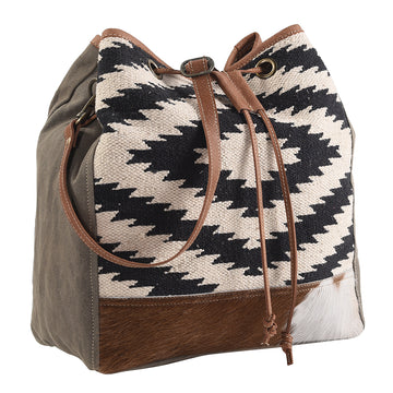 Real Cowhide Leather and Upcycled Canvas Bucket Bag - LB271