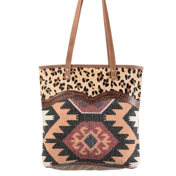 Cheetah Print Real Cowhide Leather and Upcycled Canvas Tote Bag - LB282