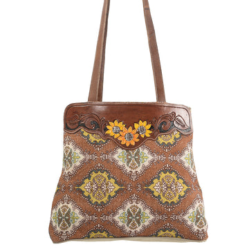 Hand Tooled Saddle Leather and Upcycled Canvas Tote Bag - LB290