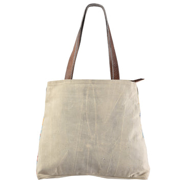 Hand Tooled Saddle Leather and Upcycled Canvas Tote Bag - LB300
