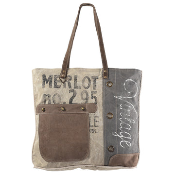 Real Cowhide Leather and Upcycled Canvas Tote Bag - LB317