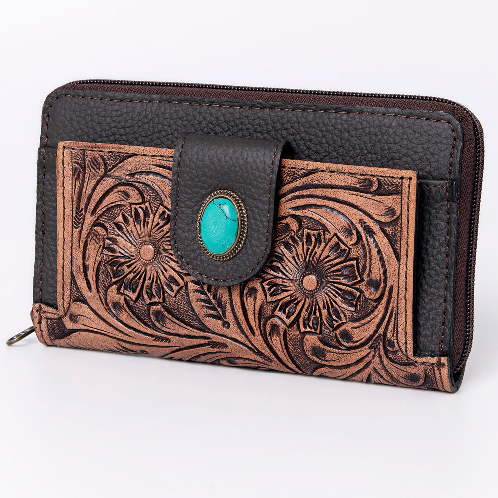 Hand Tooled Saddle Leather and Upcycled Canvas Wallet - LBG104