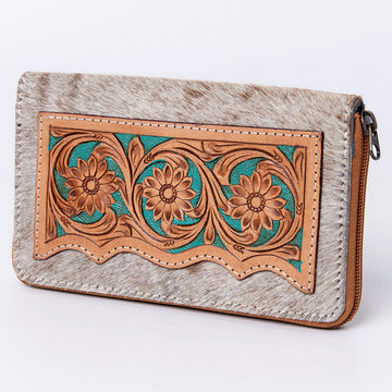Hand Tooled Saddle Leather With Cowhide Leather and Upcycled Canvas Wallet - LBG109
