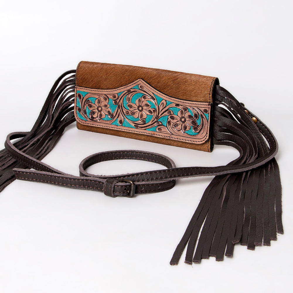 Hand Tooled Saddle Leather With Cowhide Leather and Upcycled Canvas Wallet - LBG141