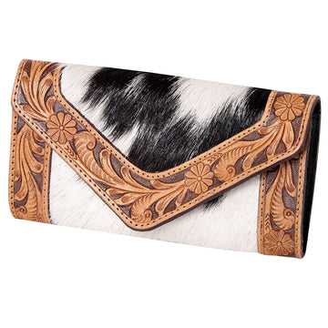 Hand Tooled Saddle Leather With Cowhide Leather and Upcycled Canvas Wallet - LBG142