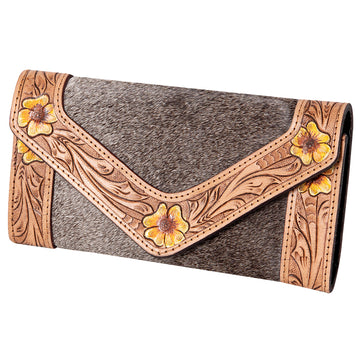 Hand Tooled Saddle Leather With Cowhide Leather and Upcycled Canvas Wallet - LBG143