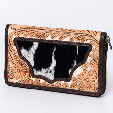 Hand Tooled Saddle Leather With Cowhide Leather and Upcycled Canvas Wallet - LBG144