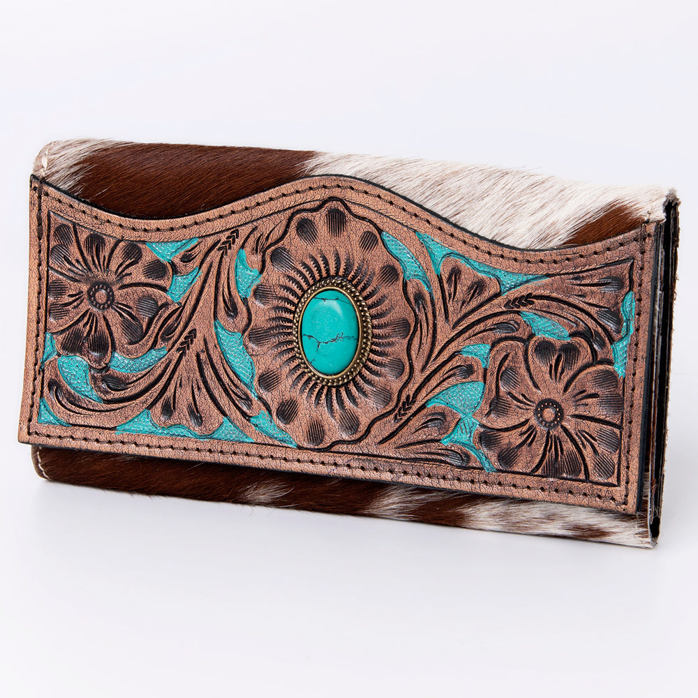 Hand Tooled Saddle Leather With Cowhide Leather and Upcycled Canvas Wallet - LBG146