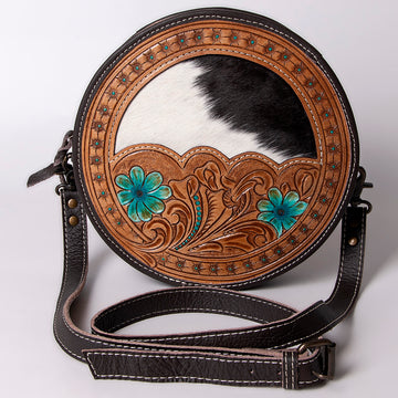 Hand Tooled Saddle Leather With Cowhide Leather and Upcycled Canvas Canteen Bag - LBG147