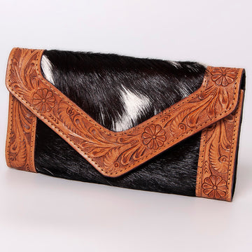 Hand Tooled Saddle Leather With Cowhide Leather and Upcycled Canvas Wallet - LBG149