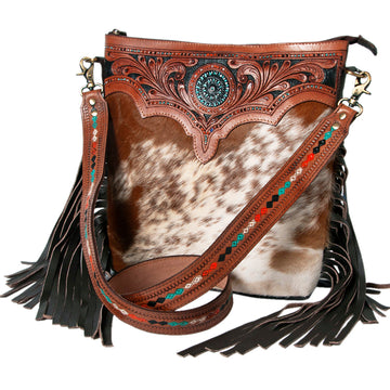 Hand Tooled Saddle Leather With Cowhide Leather Crossbody Bag - LBK103