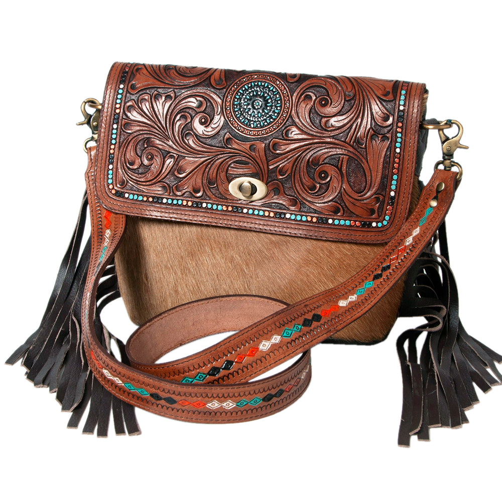 Hand Tooled Saddle Leather With Cowhide Leather Crossbody Bag - LBK104