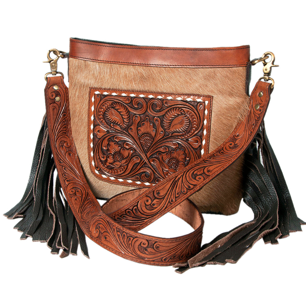 Hand Tooled Saddle Leather With Cowhide Leather Crossbody Bag - LBK105