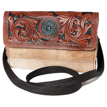 Hand Tooled Saddle Leather With Cowhide Leather Clutch Bag - LBK108