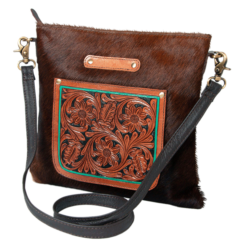 Hand Tooled Saddle Leather With Cowhide Leather Crossbody Bag - LBK109