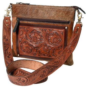 Hand Tooled Saddle Leather With Cowhide Leather Crossbody Bag - LBK110