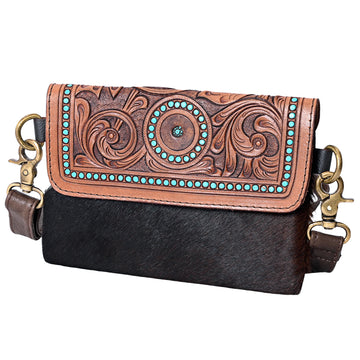 Hand Tooled Saddle Leather With Cowhide Leather Crossbody Bag - LBK113