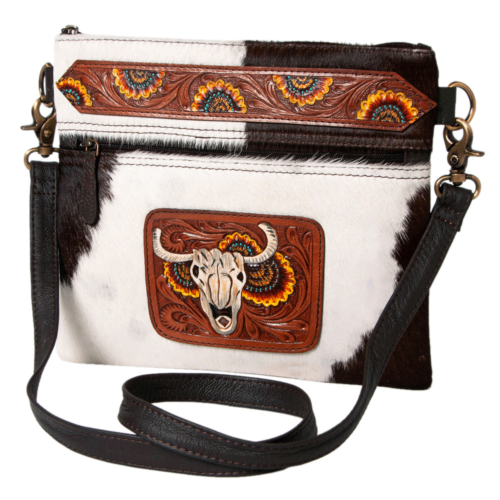 Hand Tooled Saddle Leather With Cowhide Leather Crossbody Bag - LBK114